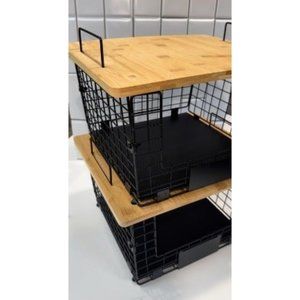 2 Set Stackable Wire Basket w/ Bamboo Top -Kitchen Counter, Pantry Organization
